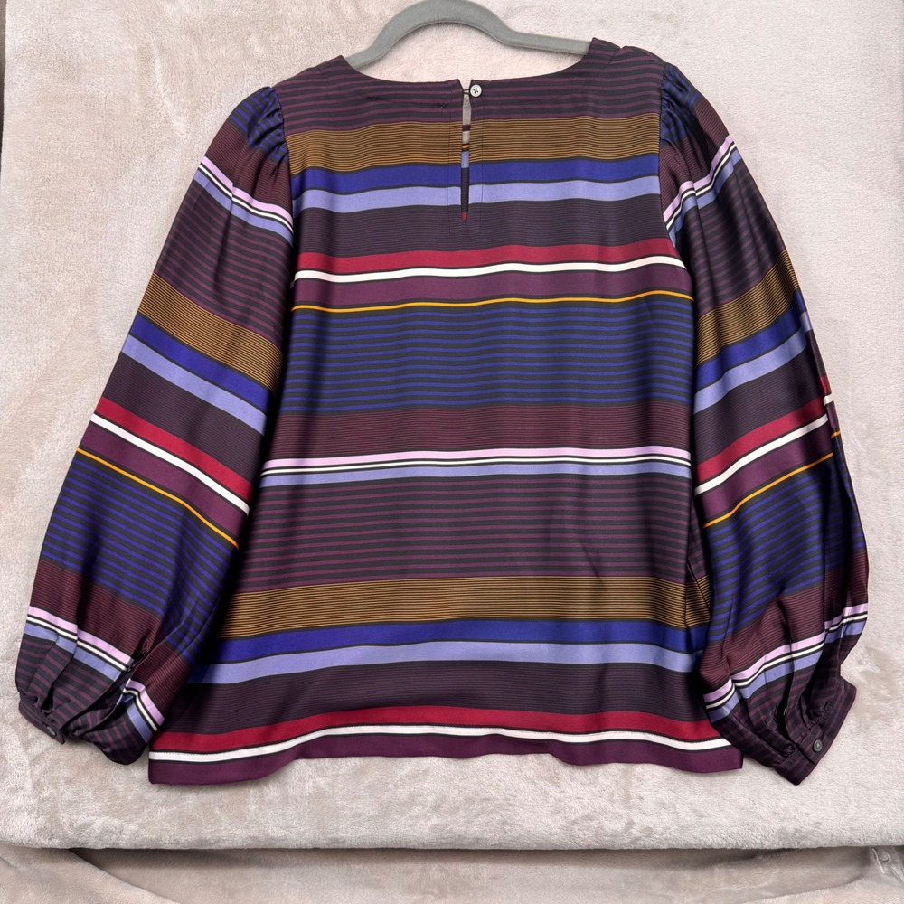 LOFT Womens Small Striped Long Sleeve Blouse Purple Blue Red Puff Sleeve Top - Picture 2 of 5
